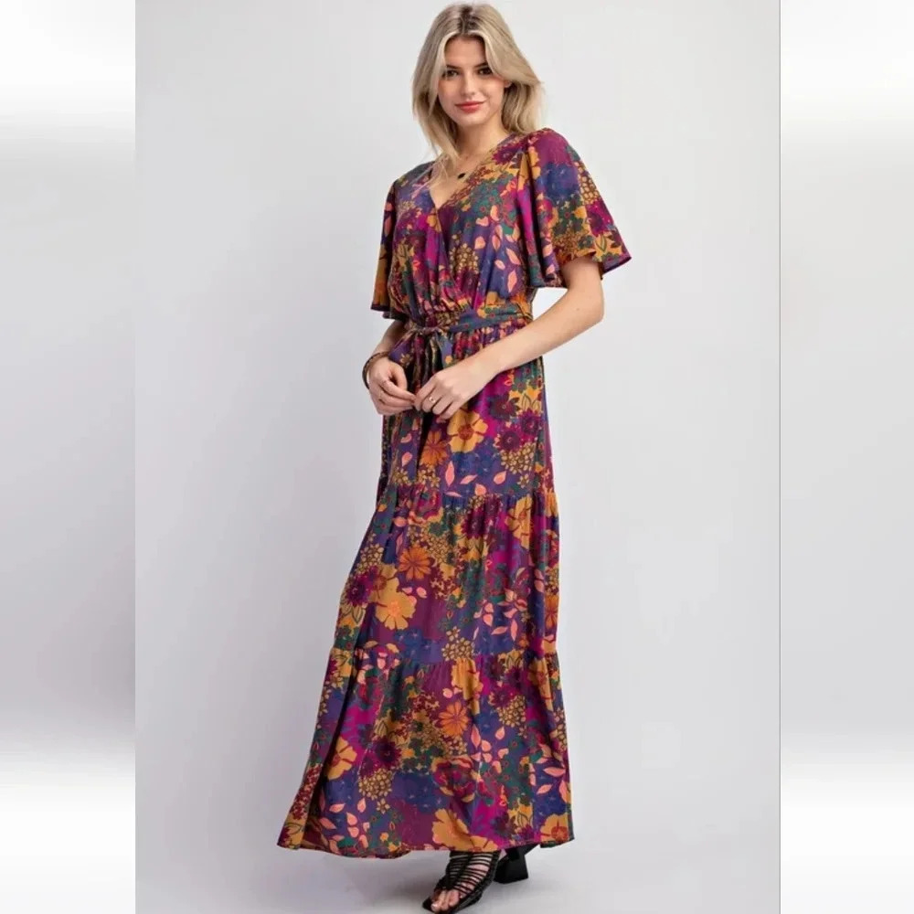 Easel Floral Challis Short Sleeve Maxi Dress New - Picture 2 of 6